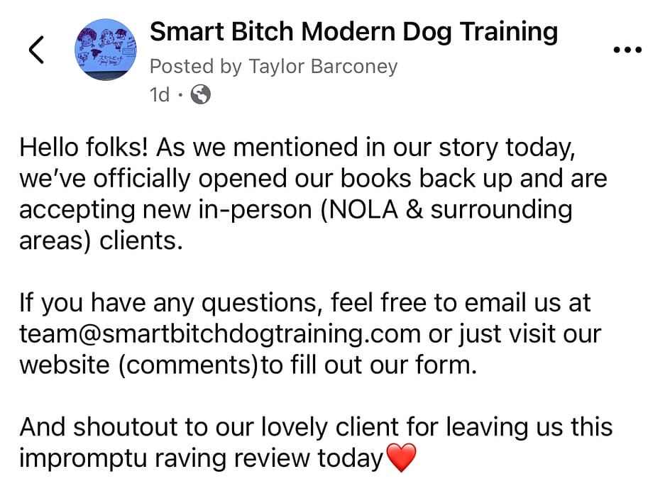 Post 10 by Smart Bitch | Nola Dog Trainer on Instagram (carousel)