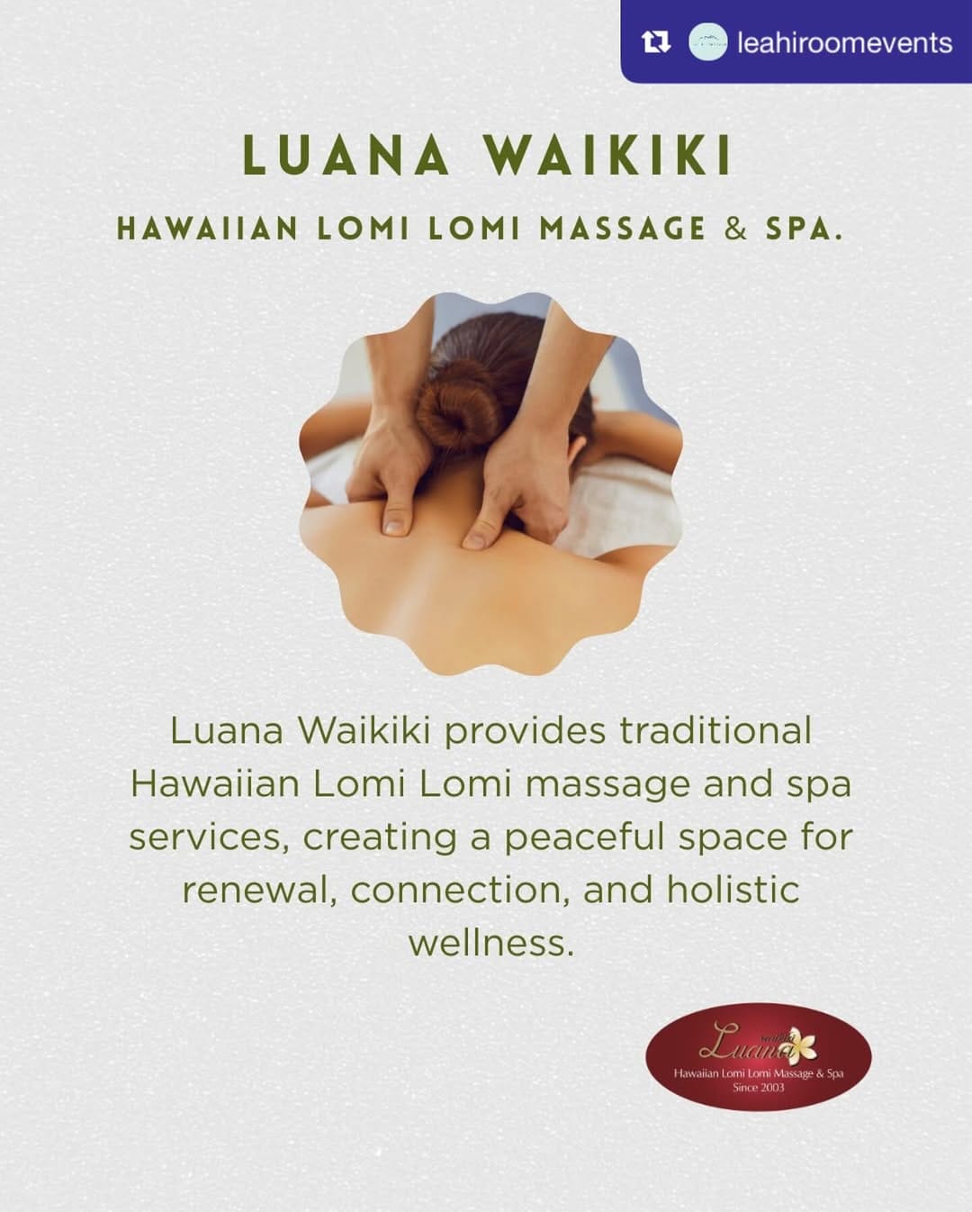 Post 3 by Luana Waikiki Hawaiian Lomi Lomi Massage & Spa on Instagram (carousel)