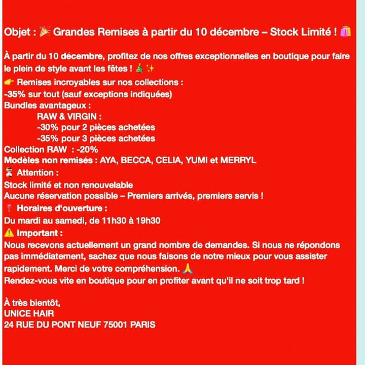 Post 3 by 1ere boutique UNICE HAIR à Paris on Instagram (image)