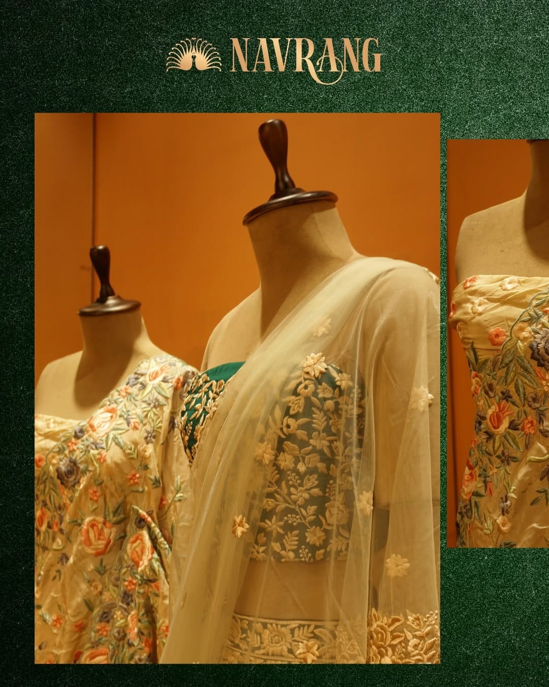 Post 1 by Navrang | Sarees • Chaniya Choli • Dresses • Bridal Wear on Instagram (carousel)